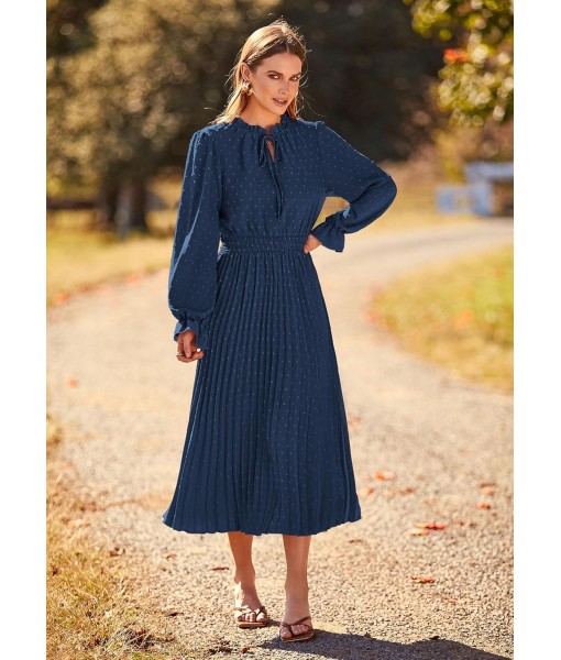 PRETTYGARDEN Women's 2025 Spring Fall Midi Dress Casual Long Sleeve V Neck Swiss Dot Pleated A Line Flowy Dresses