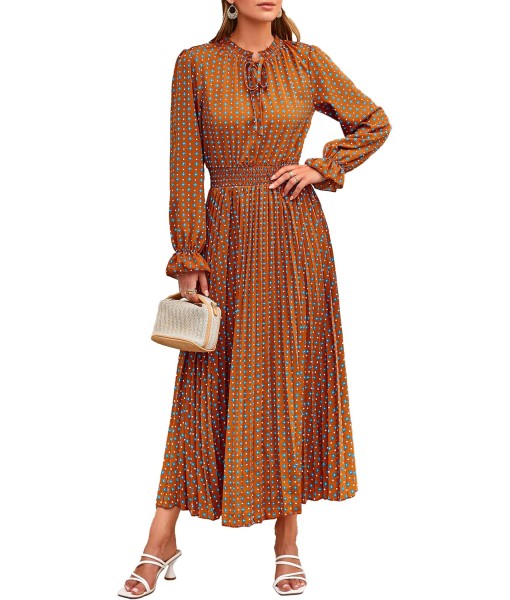 PRETTYGARDEN Women's 2025 Spring Fall Midi Dress Casual Long Sleeve V Neck Swiss Dot Pleated A Line Flowy Dresses