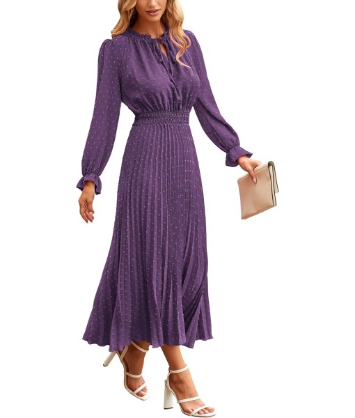 PRETTYGARDEN Women's 2025 Spring Fall Midi Dress Casual Long Sleeve V Neck Swiss Dot Pleated A Line Flowy Dresses