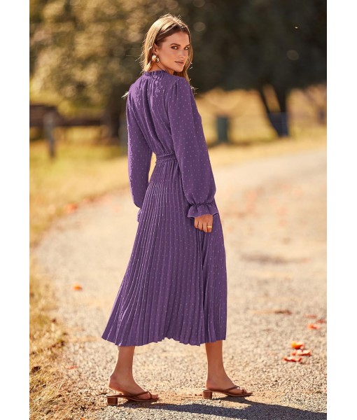 PRETTYGARDEN Women's 2025 Spring Fall Midi Dress Casual Long Sleeve V Neck Swiss Dot Pleated A Line Flowy Dresses