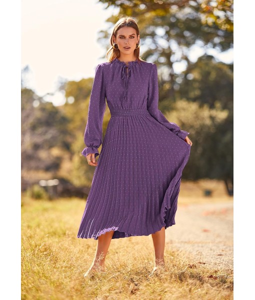 PRETTYGARDEN Women's 2025 Spring Fall Midi Dress Casual Long Sleeve V Neck Swiss Dot Pleated A Line Flowy Dresses