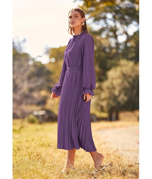 PRETTYGARDEN Women's 2025 Spring Fall Midi Dress Casual Long Sleeve V Neck Swiss Dot Pleated A Line Flowy Dresses