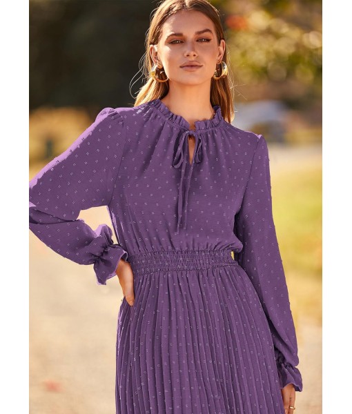 PRETTYGARDEN Women's 2025 Spring Fall Midi Dress Casual Long Sleeve V Neck Swiss Dot Pleated A Line Flowy Dresses