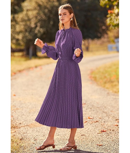 PRETTYGARDEN Women's 2025 Spring Fall Midi Dress Casual Long Sleeve V Neck Swiss Dot Pleated A Line Flowy Dresses