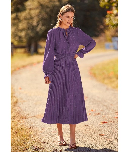 PRETTYGARDEN Women's 2025 Spring Fall Midi Dress Casual Long Sleeve V Neck Swiss Dot Pleated A Line Flowy Dresses