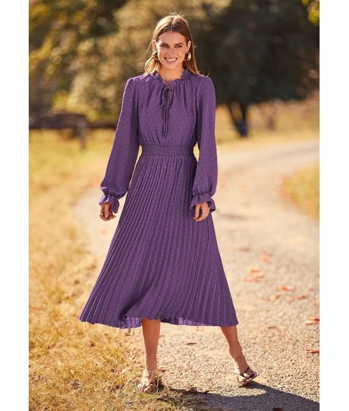 PRETTYGARDEN Women's 2025 Spring Fall Midi Dress Casual Long Sleeve V Neck Swiss Dot Pleated A Line Flowy Dresses