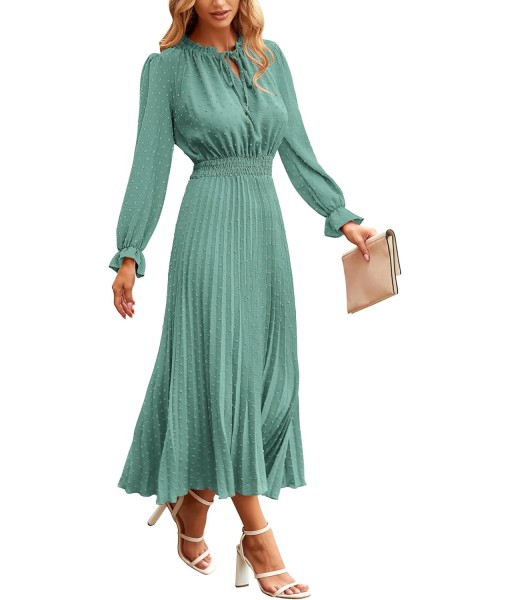 PRETTYGARDEN Women's 2025 Spring Fall Midi Dress Casual Long Sleeve V Neck Swiss Dot Pleated A Line Flowy Dresses