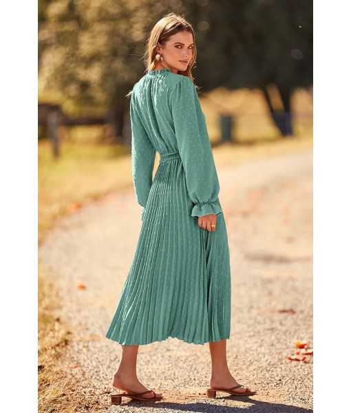 PRETTYGARDEN Women's 2025 Spring Fall Midi Dress Casual Long Sleeve V Neck Swiss Dot Pleated A Line Flowy Dresses
