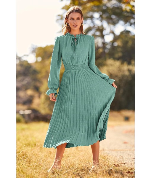 PRETTYGARDEN Women's 2025 Spring Fall Midi Dress Casual Long Sleeve V Neck Swiss Dot Pleated A Line Flowy Dresses