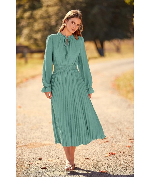 PRETTYGARDEN Women's 2025 Spring Fall Midi Dress Casual Long Sleeve V Neck Swiss Dot Pleated A Line Flowy Dresses