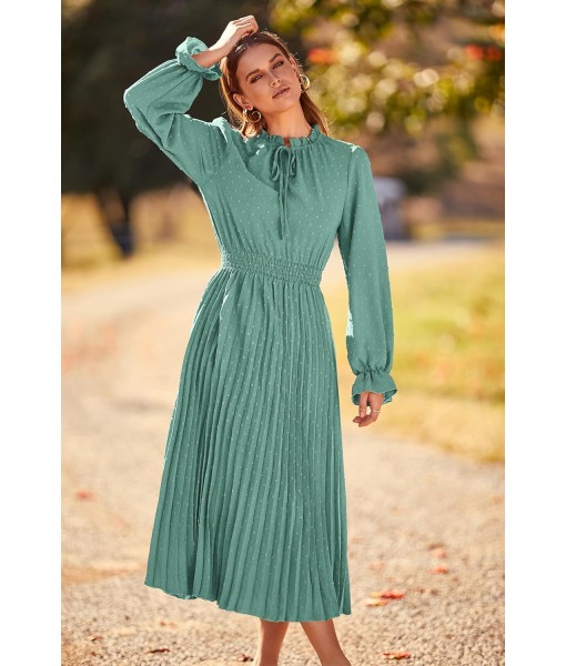 PRETTYGARDEN Women's 2025 Spring Fall Midi Dress Casual Long Sleeve V Neck Swiss Dot Pleated A Line Flowy Dresses