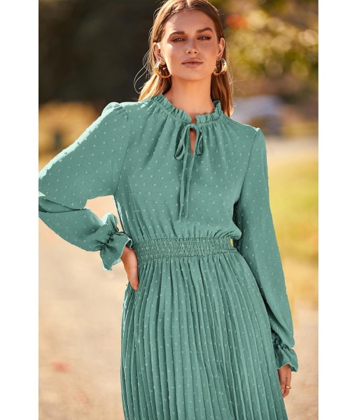 PRETTYGARDEN Women's 2025 Spring Fall Midi Dress Casual Long Sleeve V Neck Swiss Dot Pleated A Line Flowy Dresses