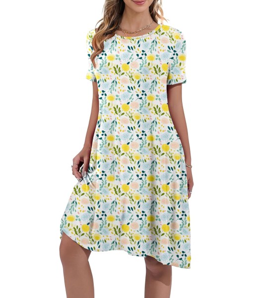 Women's Summer Casual Short Sleeve Crew Neck T Shirt Dresses Loose Swing with Pockets
