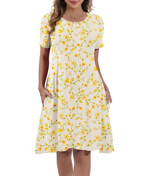 Women's Summer Casual Short Sleeve Crew Neck T Shirt Dresses Loose Swing with Pockets