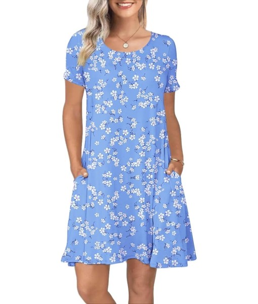 Women's Summer Casual Short Sleeve Crew Neck T Shirt Dresses Loose Swing with Pockets