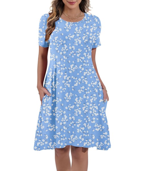 Women's Summer Casual Short Sleeve Crew Neck T Shirt Dresses Loose Swing with Pockets