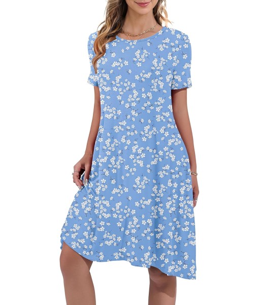 Women's Summer Casual Short Sleeve Crew Neck T Shirt Dresses Loose Swing with Pockets