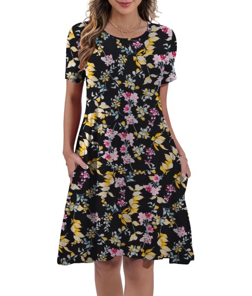Women's Summer Casual Short Sleeve Crew Neck T Shirt Dresses Loose Swing with Pockets