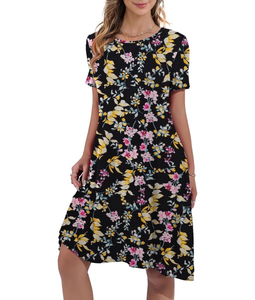 Women's Summer Casual Short Sleeve Crew Neck T Shirt Dresses Loose Swing with Pockets