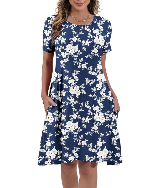 Women's Summer Casual Short Sleeve Crew Neck T Shirt Dresses Loose Swing with Pockets