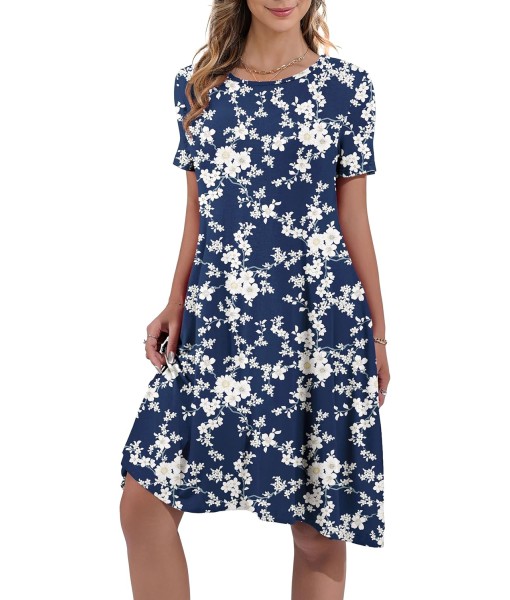 Women's Summer Casual Short Sleeve Crew Neck T Shirt Dresses Loose Swing with Pockets