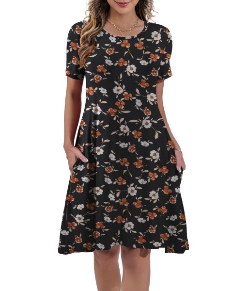 Women's Summer Casual Short Sleeve Crew Neck T Shirt Dresses Loose Swing with Pockets