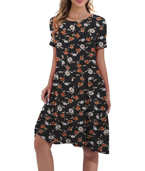 Women's Summer Casual Short Sleeve Crew Neck T Shirt Dresses Loose Swing with Pockets