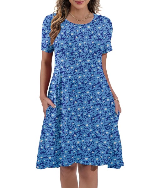 Women's Summer Casual Short Sleeve Crew Neck T Shirt Dresses Loose Swing with Pockets