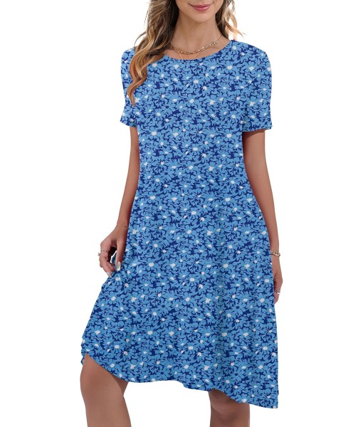 Women's Summer Casual Short Sleeve Crew Neck T Shirt Dresses Loose Swing with Pockets