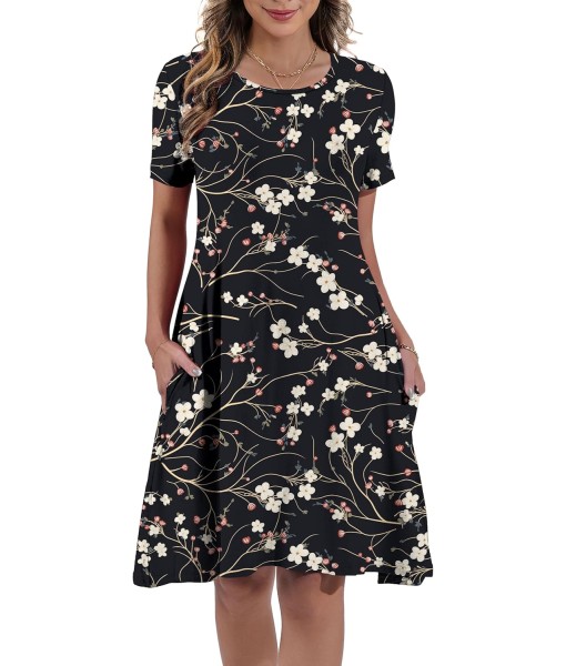Women's Summer Casual Short Sleeve Crew Neck T Shirt Dresses Loose Swing with Pockets