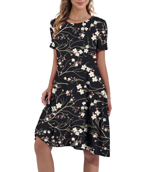 Women's Summer Casual Short Sleeve Crew Neck T Shirt Dresses Loose Swing with Pockets