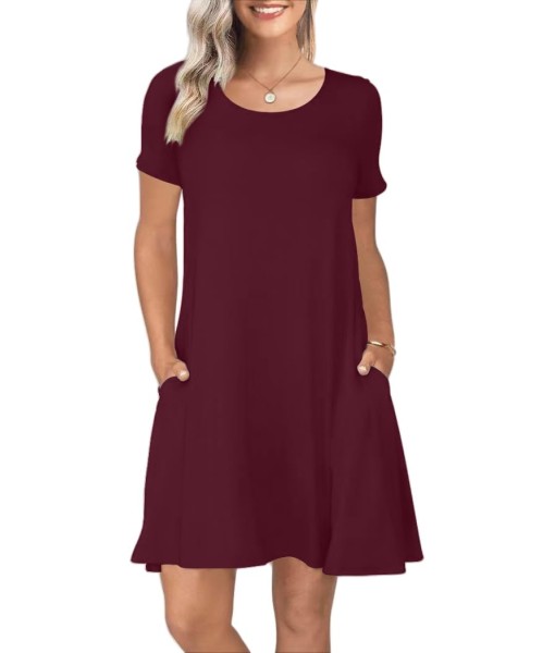 Women's Summer Casual Short Sleeve Crew Neck T Shirt Dresses Loose Swing with Pockets