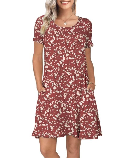 Women's Summer Casual Short Sleeve Crew Neck T Shirt Dresses Loose Swing with Pockets