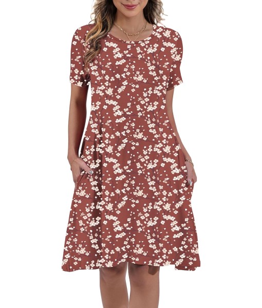 Women's Summer Casual Short Sleeve Crew Neck T Shirt Dresses Loose Swing with Pockets