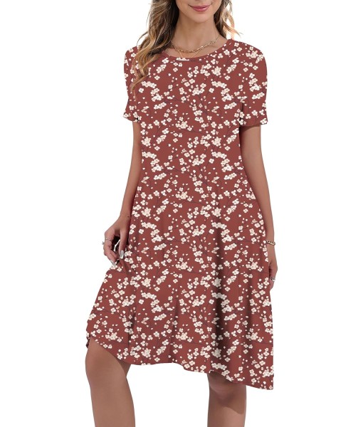 Women's Summer Casual Short Sleeve Crew Neck T Shirt Dresses Loose Swing with Pockets