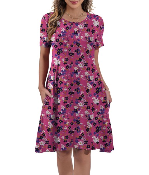 Women's Summer Casual Short Sleeve Crew Neck T Shirt Dresses Loose Swing with Pockets