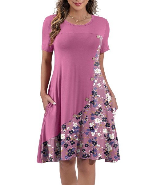 Women's Summer Casual Short Sleeve Crew Neck T Shirt Dresses Loose Swing with Pockets