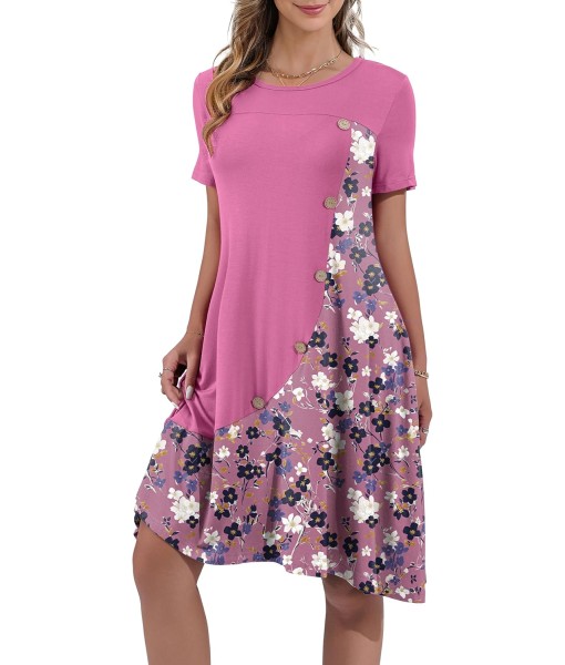 Women's Summer Casual Short Sleeve Crew Neck T Shirt Dresses Loose Swing with Pockets
