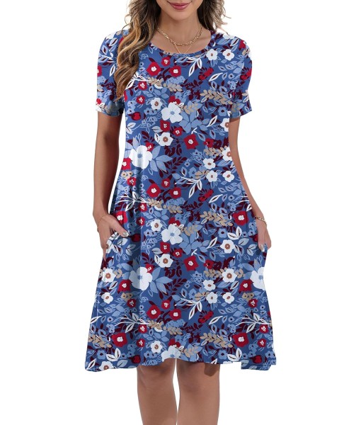Women's Summer Casual Short Sleeve Crew Neck T Shirt Dresses Loose Swing with Pockets