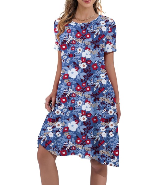 Women's Summer Casual Short Sleeve Crew Neck T Shirt Dresses Loose Swing with Pockets