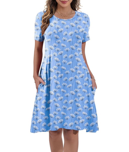 Women's Summer Casual Short Sleeve Crew Neck T Shirt Dresses Loose Swing with Pockets