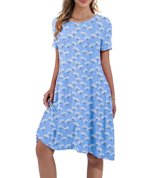 Women's Summer Casual Short Sleeve Crew Neck T Shirt Dresses Loose Swing with Pockets