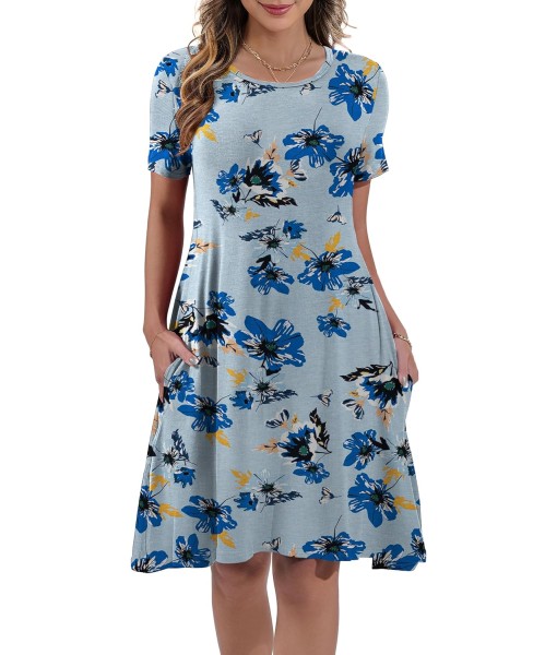 Women's Summer Casual Short Sleeve Crew Neck T Shirt Dresses Loose Swing with Pockets