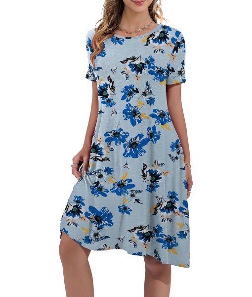 Women's Summer Casual Short Sleeve Crew Neck T Shirt Dresses Loose Swing with Pockets