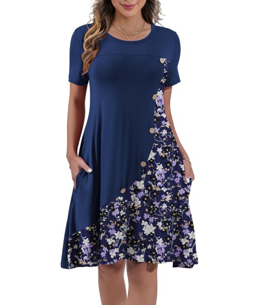 Women's Summer Casual Short Sleeve Crew Neck T Shirt Dresses Loose Swing with Pockets