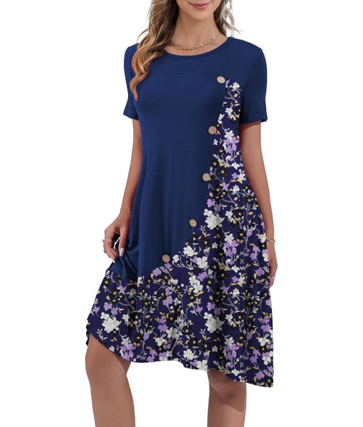 Women's Summer Casual Short Sleeve Crew Neck T Shirt Dresses Loose Swing with Pockets