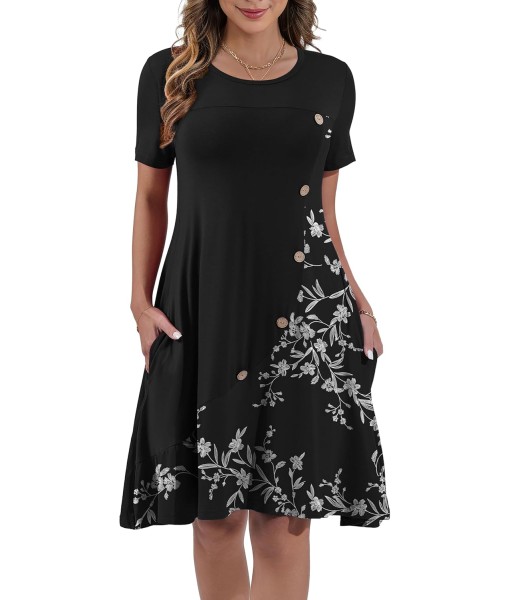 Women's Summer Casual Short Sleeve Crew Neck T Shirt Dresses Loose Swing with Pockets
