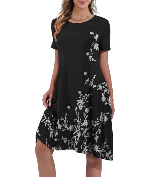Women's Summer Casual Short Sleeve Crew Neck T Shirt Dresses Loose Swing with Pockets