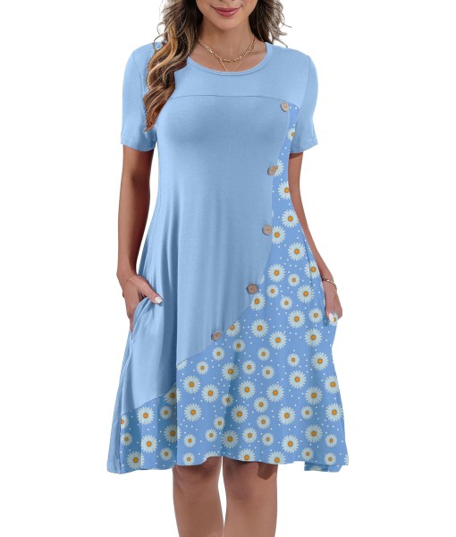 Women's Summer Casual Short Sleeve Crew Neck T Shirt Dresses Loose Swing with Pockets