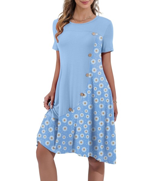 Women's Summer Casual Short Sleeve Crew Neck T Shirt Dresses Loose Swing with Pockets